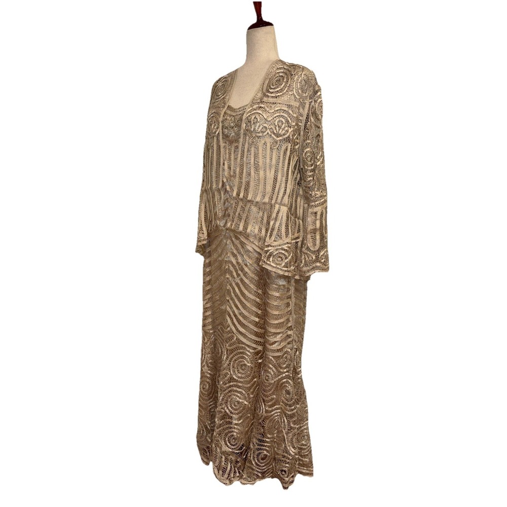 NWT Soulmates D7155 Silk Handcrafted 2 Pc Champagne Crochet Maxi Dress XL $850 - Picture 3 of 16